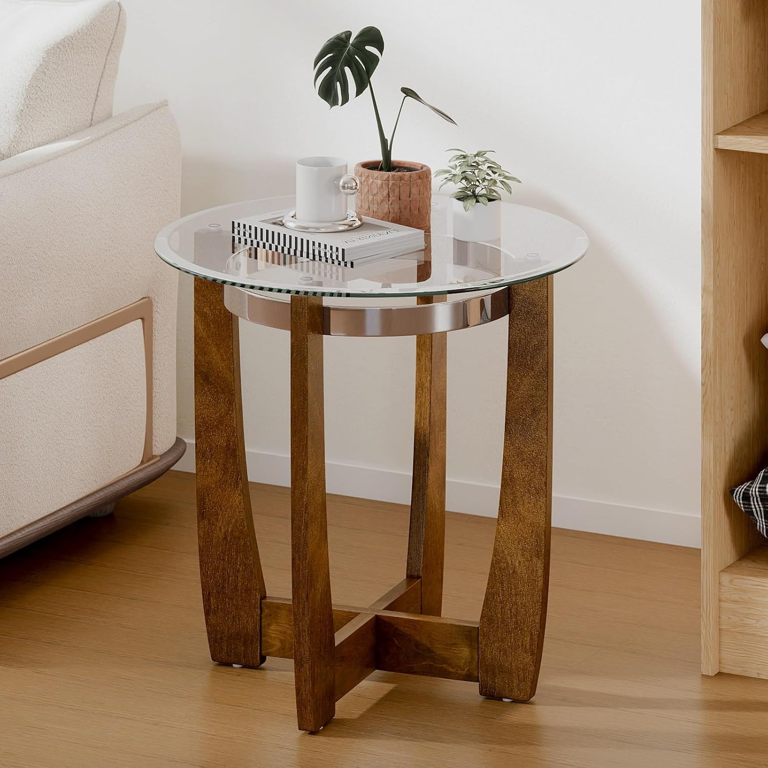 GOFLAME Glass End Table, 24” Round Sofa Side Table with Solid Rubber Wood Frame, Tempered Glass Top, Cross Base, Modern Circle Coffee Table for Living Room, Bedroom, Apartment, Walnut
