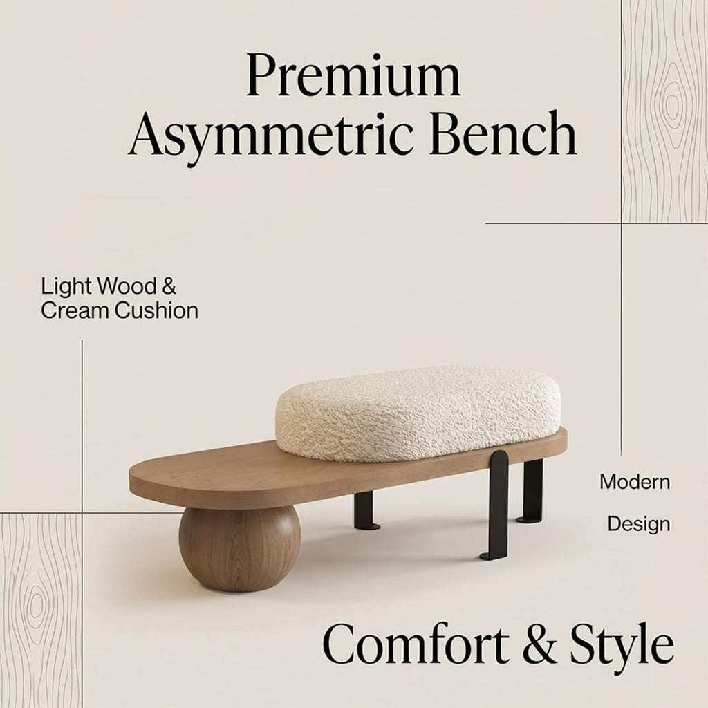 Wooden Boucle Bench with Abstract Metal Leg, Modern Entryway Bench, Upholstered End of Bed Bench,Shoe Changing Bench for Entryway Livingroom Bedroom (140cm/55.1")