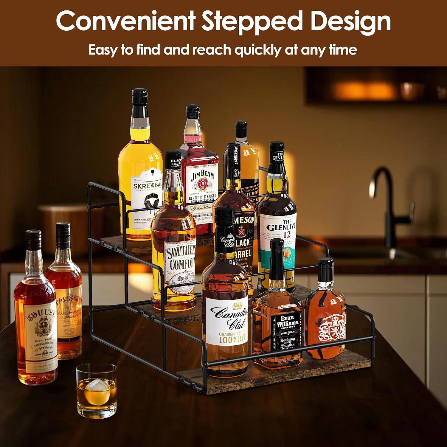 Nuovoware Liquor Bottle Display Shelf, 3 Step Wine Rack Countertop Liquor Shelf, Mini Bar Liquor Cabinet Kitchen Coffee Bar Shelf Stand for Whiskey, Black