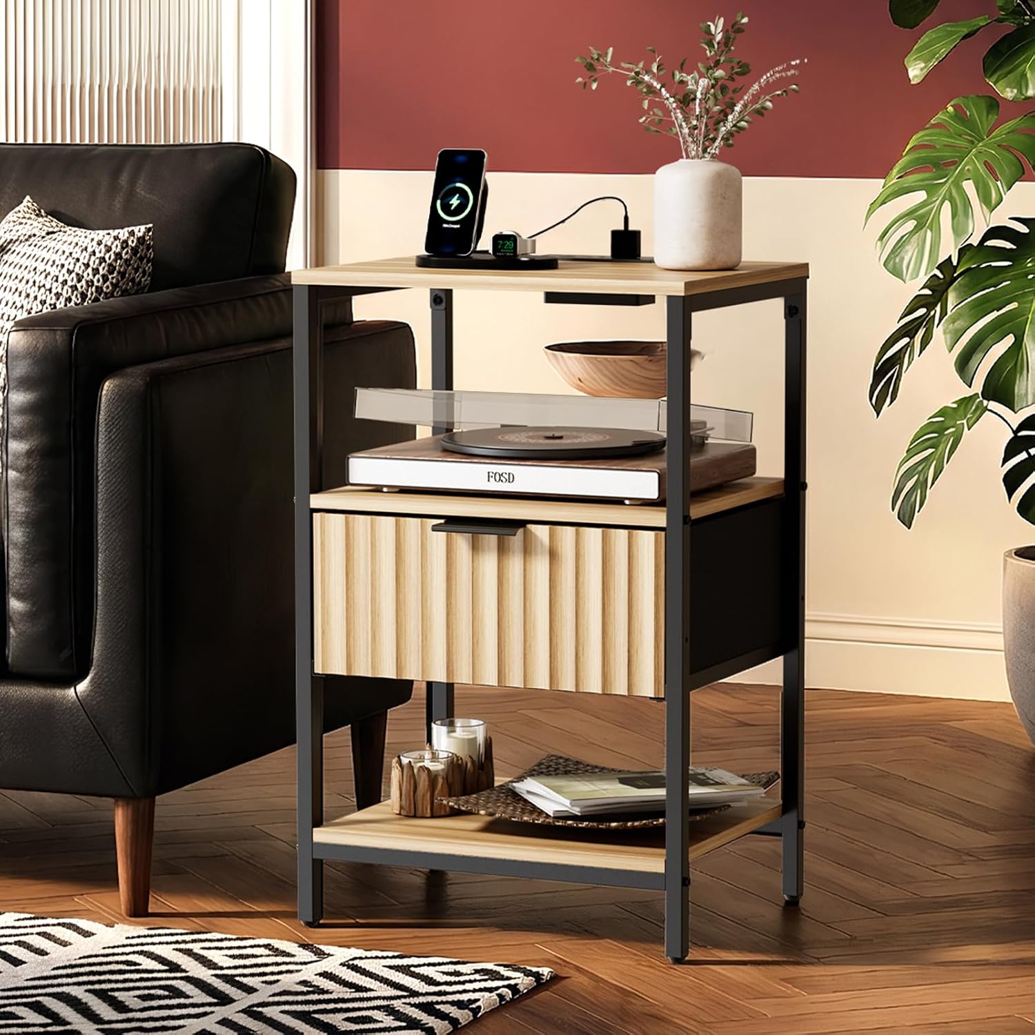 Bonnlo Fluted Nightstand Set of 2, End Table with Fabric Drawer with Charging Station, Night Stand with Storage Shelf & Hook, Fluted Side Table for Bedroom/Living Room,Oak