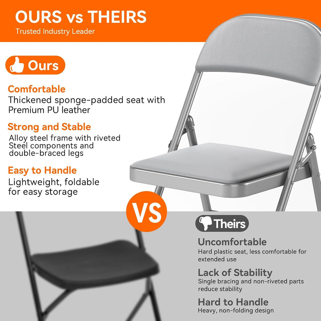 SKONYON Padded Folding Chairs Set of 6, 450LBS, PU Cushion, Gray | 6 pack gray folding chairs with cushioned seat & back, heavy duty steel frame, for party, dining & bulk event seating