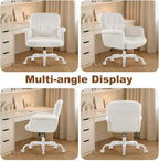Comfy Home Office Desk Chair, Upholstered Fuzzy Vanity Chair with Wheels and Arms, Modern Adjustable Swivel Computer Seat for Make Up, Home Office, Living Room, Bedroom, Teddy Fleece, White