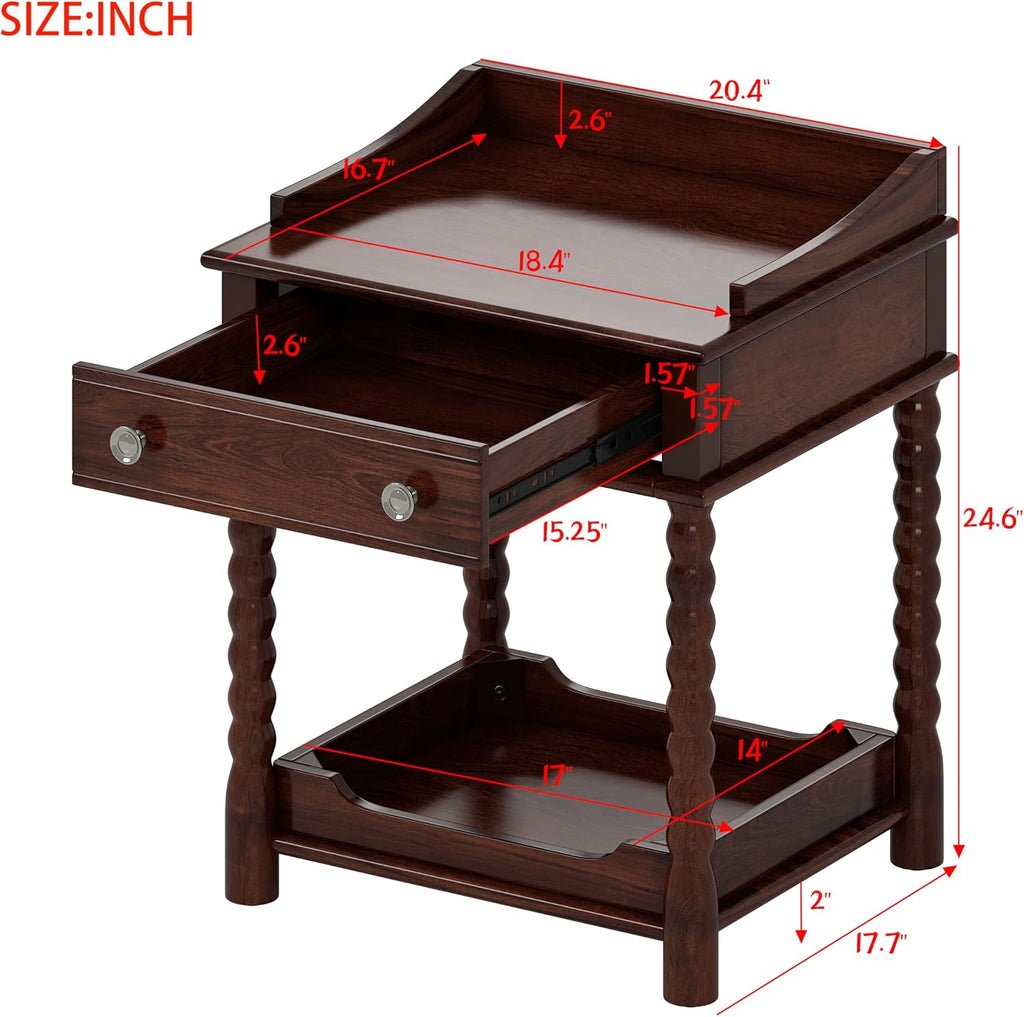 Nightstand with Drawer and Open Shelf for Bedroom,Retro Style Bedside Table with Turned Legs and Metal Handle for Kitchen (Walnut)