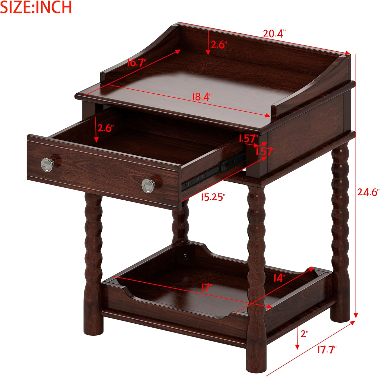 Nightstand with Drawer and Open Shelf for Bedroom,Retro Style Bedside Table with Turned Legs and Metal Handle for Kitchen (Walnut)