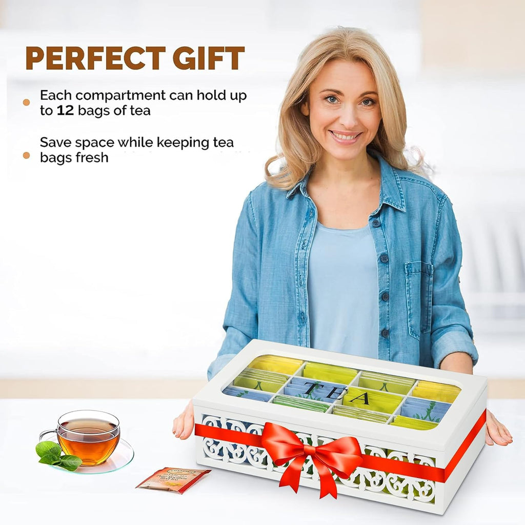 Wooden Tea Box,12 Compartments Tea Organizers and Storage,Decorative Tea Bag Holder Organizer with Clear Top for Countertop Kitchen Cabinet Pantry