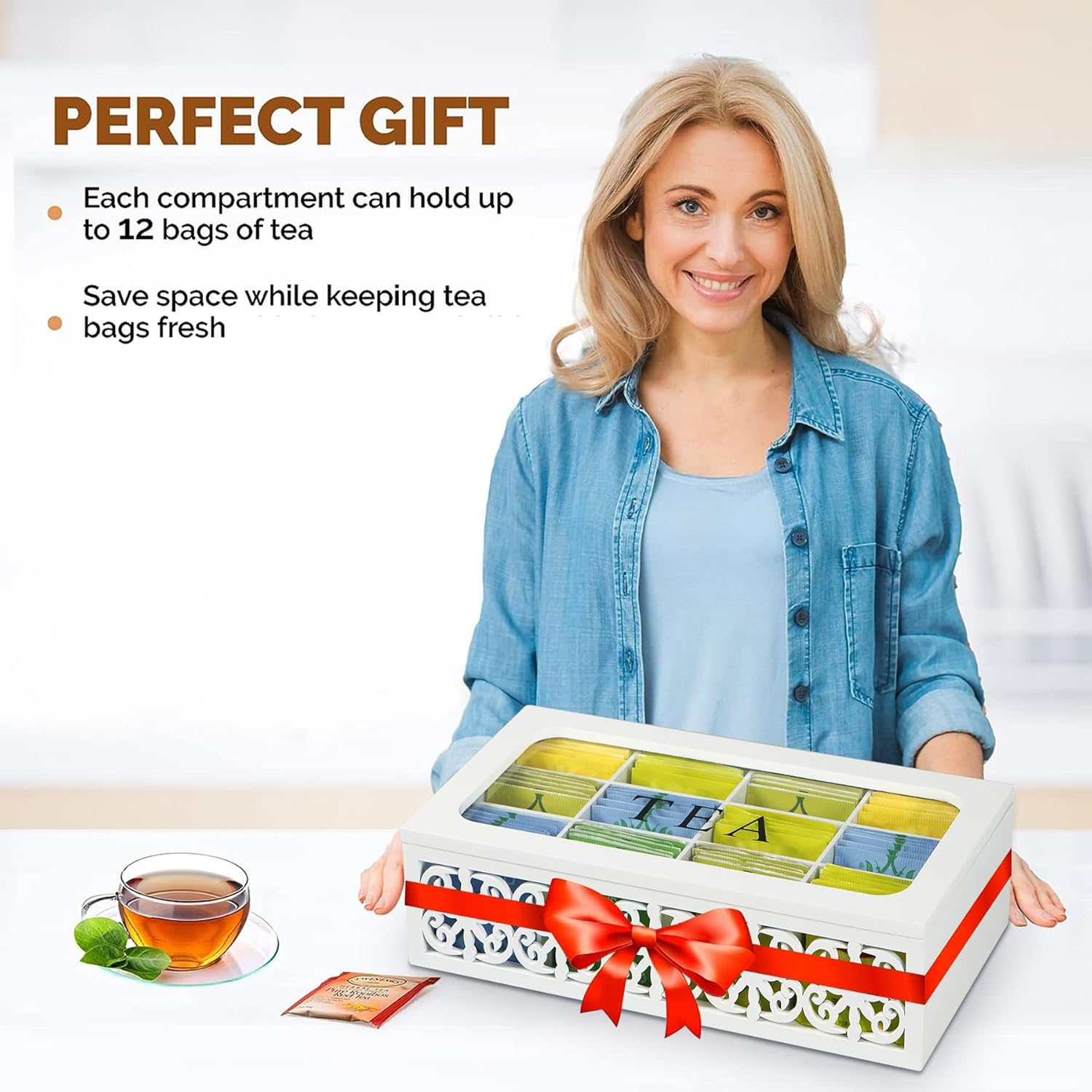 Wooden Tea Box,12 Compartments Tea Organizers and Storage,Decorative Tea Bag Holder Organizer with Clear Top for Countertop Kitchen Cabinet Pantry