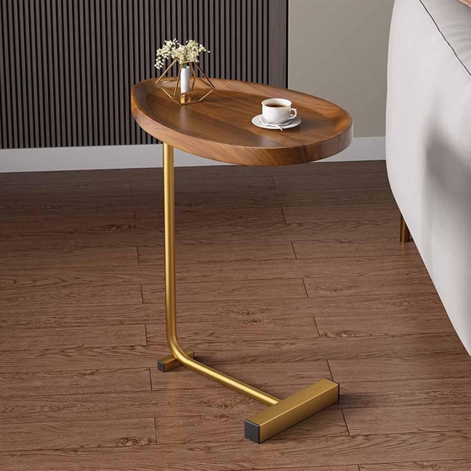 Oval Side Table, MDF Tabletop & Sturdy L-Shaped Metal Legs, Compact Sofa Side Storage Table for Living Room Bedroom(B)