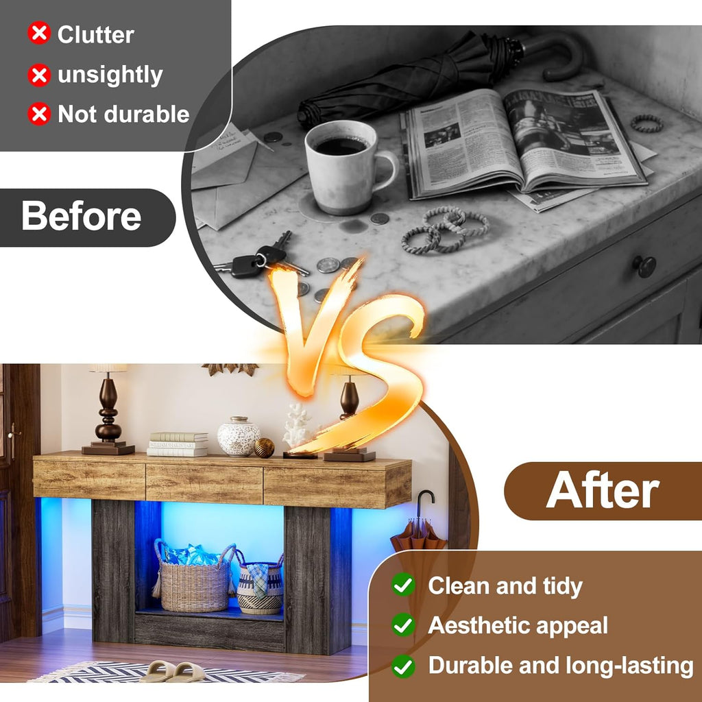 PAKASEPT 63 Inches Entryway Table with Storage,Foyer Tables Colorful with LED Lights and 3 Drawers, Narrow Console Table with Hidden Compartment for Gun Storage for Hallway, Living Room,Behind Couch