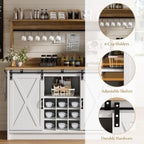 4ever2buy Farmhouse Coffee Bar with Hutch, Coffee Bar with Storage & 6 Hooks, 47 Inch Bar Cabinet with Sliding Barn Door and Adjustable Shelves for Living Room Kitchen, White