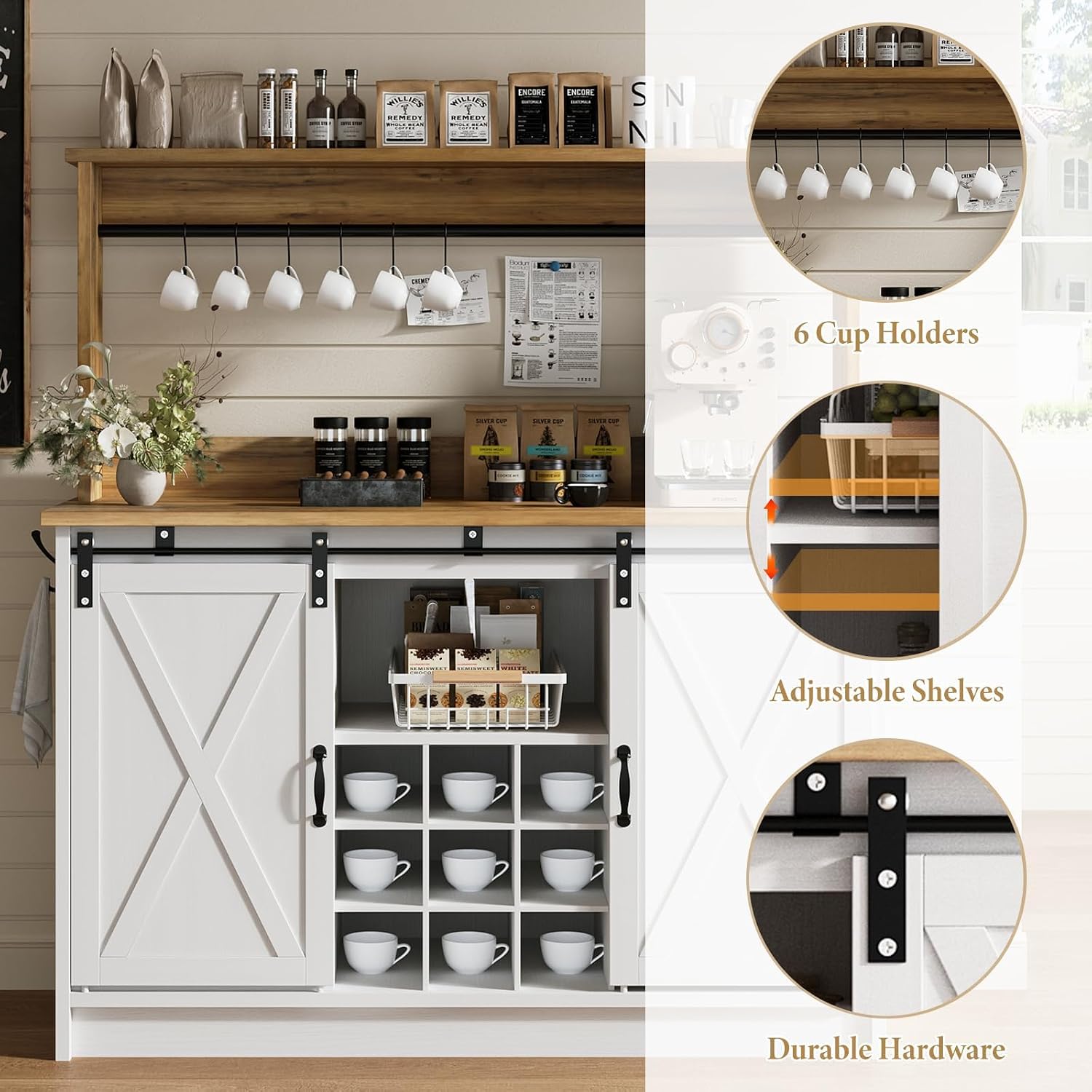 4ever2buy Farmhouse Coffee Bar with Hutch, Coffee Bar with Storage & 6 Hooks, 47 Inch Bar Cabinet with Sliding Barn Door and Adjustable Shelves for Living Room Kitchen, White