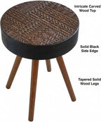 Round Wooden End Table with Retro Carved Brown Top & Black Wood Support Legs, Vintage 15.7" Small Circle Sofa Side Table for Living Room Bedroom (Brown, 4 Legs Support)