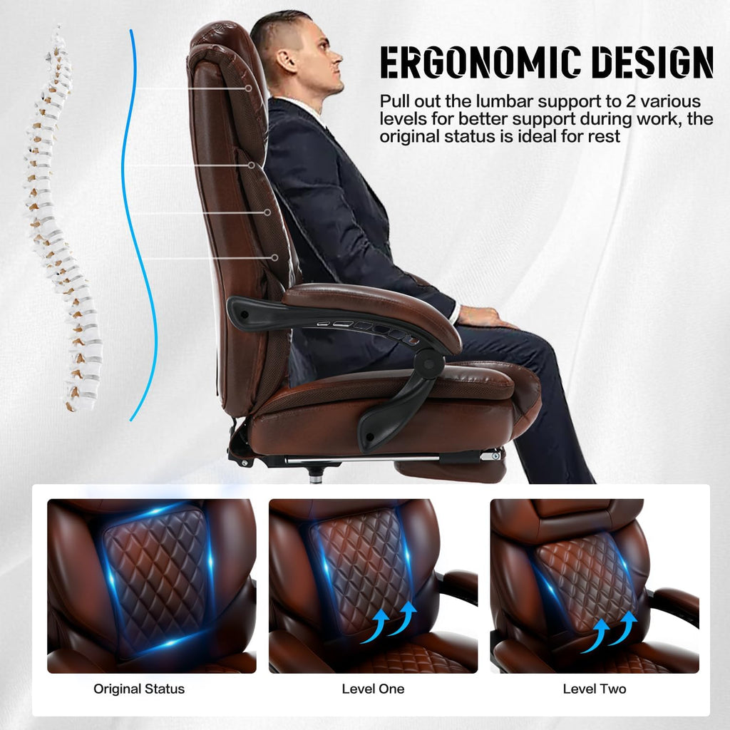Big and Tall Recliner Office Chair with Footrest, Wide Seat Heavy Duty Reclining Office Desk Chair for 500lbs Heavy People, Black Brown