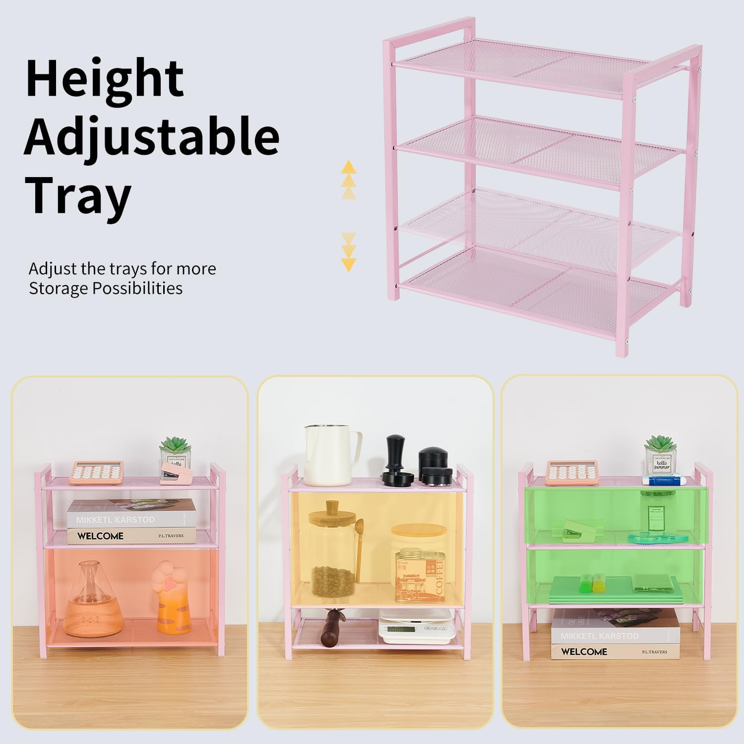 Desktop Shelf Organizer, 3-Tier Office Storage Rack, Adjustable Metal Bookshelf for Top of Desk, Pink Desk Organizer for Office, Home, Dorm and Small Spaces (Pink)