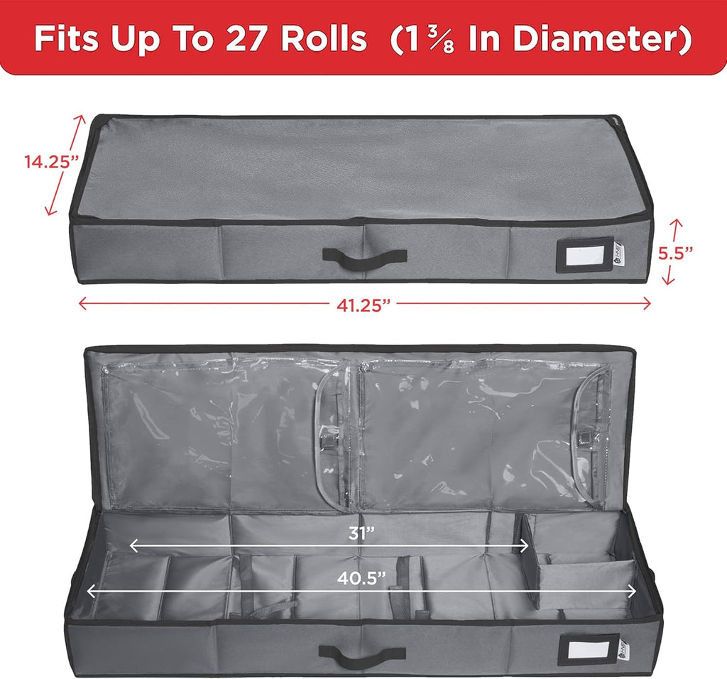 HOLDN’ STORAGE Premium Wrapping Paper Storage Container - Durable 600D Tear-Proof, Fits 27 Rolls Gift Wrap, Extra Pockets for Ribbons & Bows, Underbed Storage - Ideal for Holiday Christmas, Gray