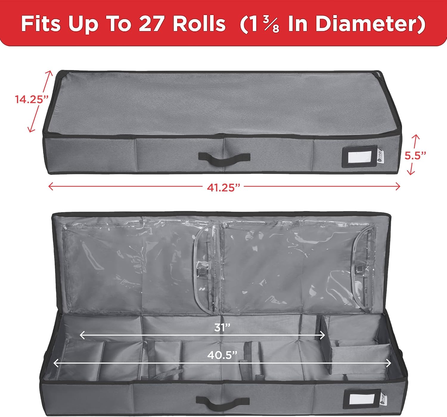 HOLDN’ STORAGE Premium Wrapping Paper Storage Container - Durable 600D Tear-Proof, Fits 27 Rolls Gift Wrap, Extra Pockets for Ribbons & Bows, Underbed Storage - Ideal for Holiday Christmas, Gray