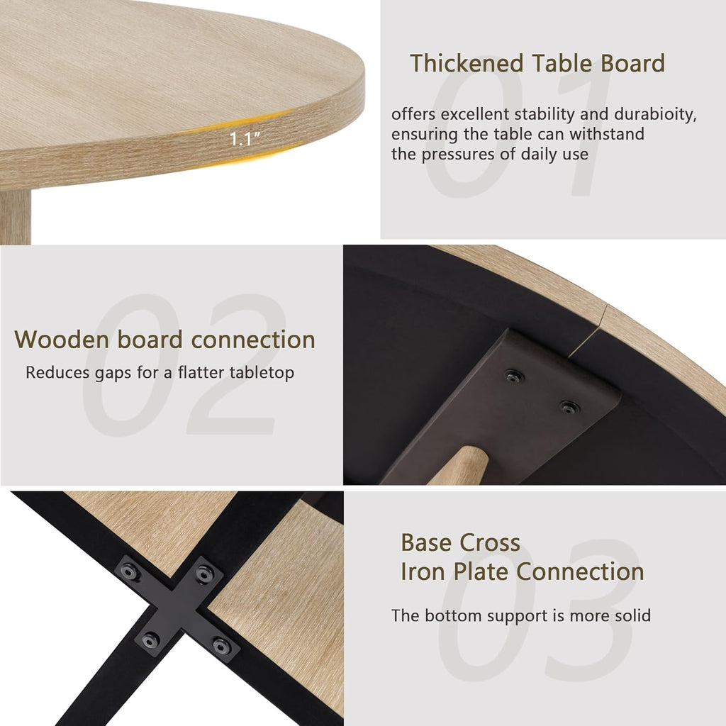 5-Piece Scandinavian Minimalist Round Dining Table Set, 47" Solid Wood Table with Sculpted Open Base + Beige Chenille Chairs for Kitchens & Dining Areas