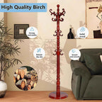Coat Rack Freestanding, Wooden Coat Rack Stand with Sturdy Round Base, Vintage Coat Racks with 18 Hooks, Coat Hanger Stand for Entryway, Hallway,Bedroom (Reddish brown)