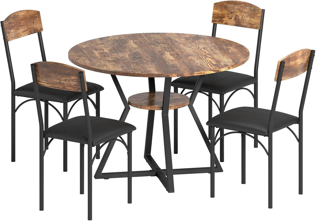 42'' Round Dining Table Set for 4, Space Saving Wood Kitchen Table and Chairs Set for 4 with Faux Leather Chairs, Extra Storage, Vintage Brown