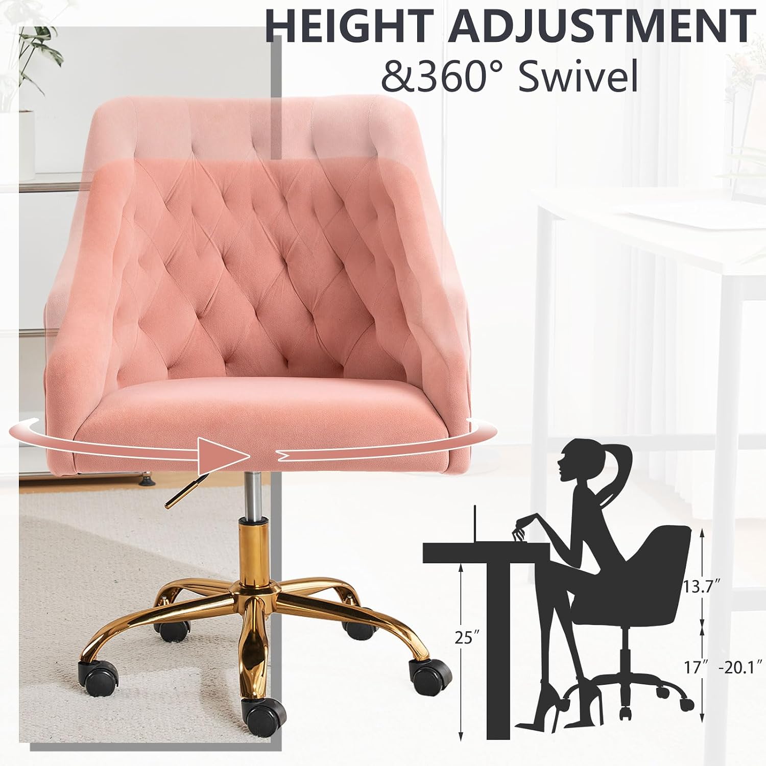 MOJAY Velvet Home Office Desk Chair, Vanity Chair with Wheels Pretty Fancy Gold 360°Swivel Height Adjustable Office Chairs for Girls Home Offices, Bedrooms, Living Room (Pink)