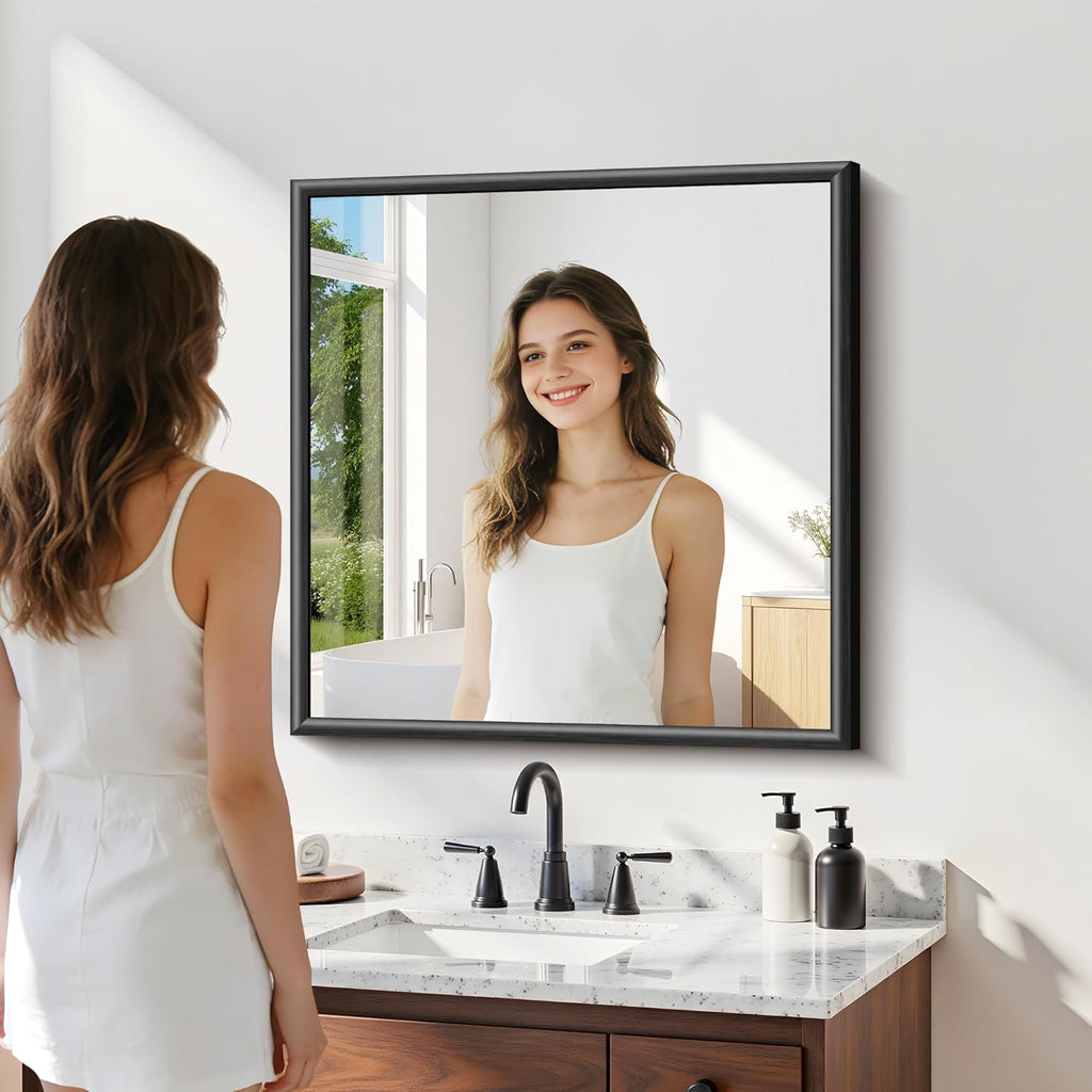30x30 Square Black Mirror, Raised Metal Framed Bathroom Mirrors for Over Sink, Shatterproof Tempered Glass, Anti-Rust, Brushed Black Modern Vanity Mirrors for Bedroom, Living Room and Entryway