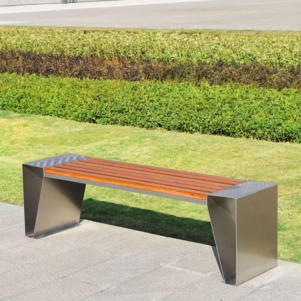 Outdoor Bench, Stainless Steel + Solid Wood Leisure Seat Scenic Commercial Wooden Stool Park Rest Garden Benches for Outdoors