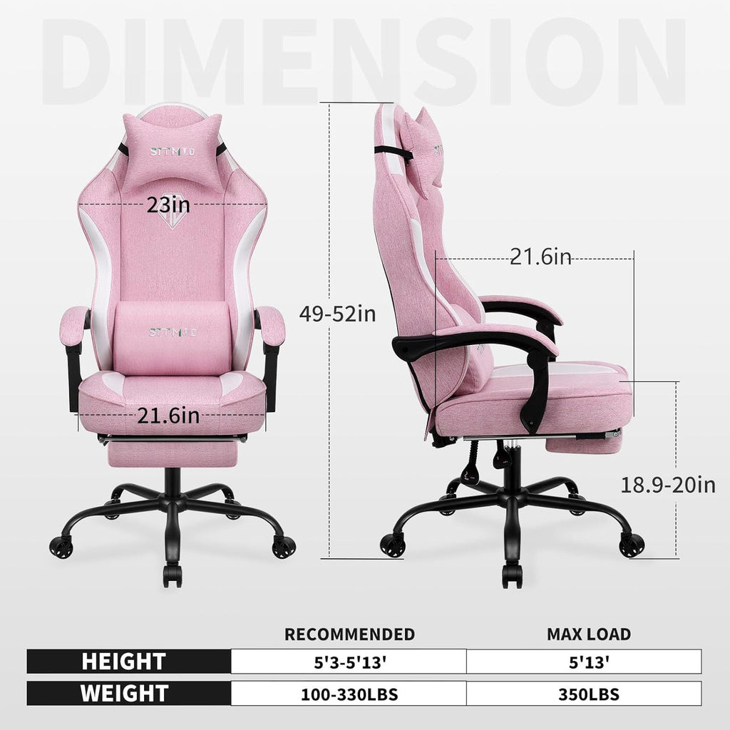 Gaming Chair, Video Gaming Chairs for Adults, Fabric Comfortable Computer Chair with Footrest, Pocket Spring Cushion, High Back Ergonomic Gamer Chair with 360° Swivel Seat for Office (Pink)