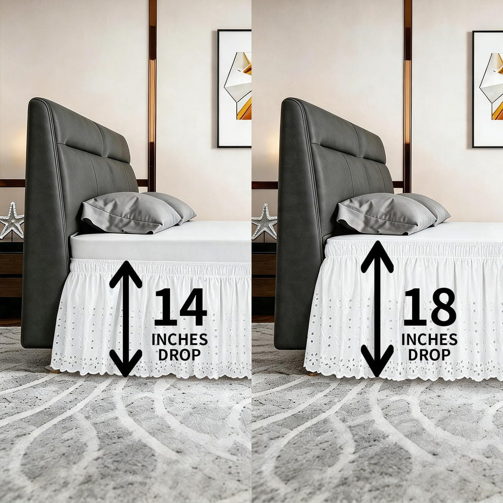ANARACHON Full Bed Skirt, Wrap-Around Elastic Ruffled Eyelet Bed Skirt Full Size Dust Ruffle with Gathered Styling and Embroidered Details, 18" Drop Length (White)