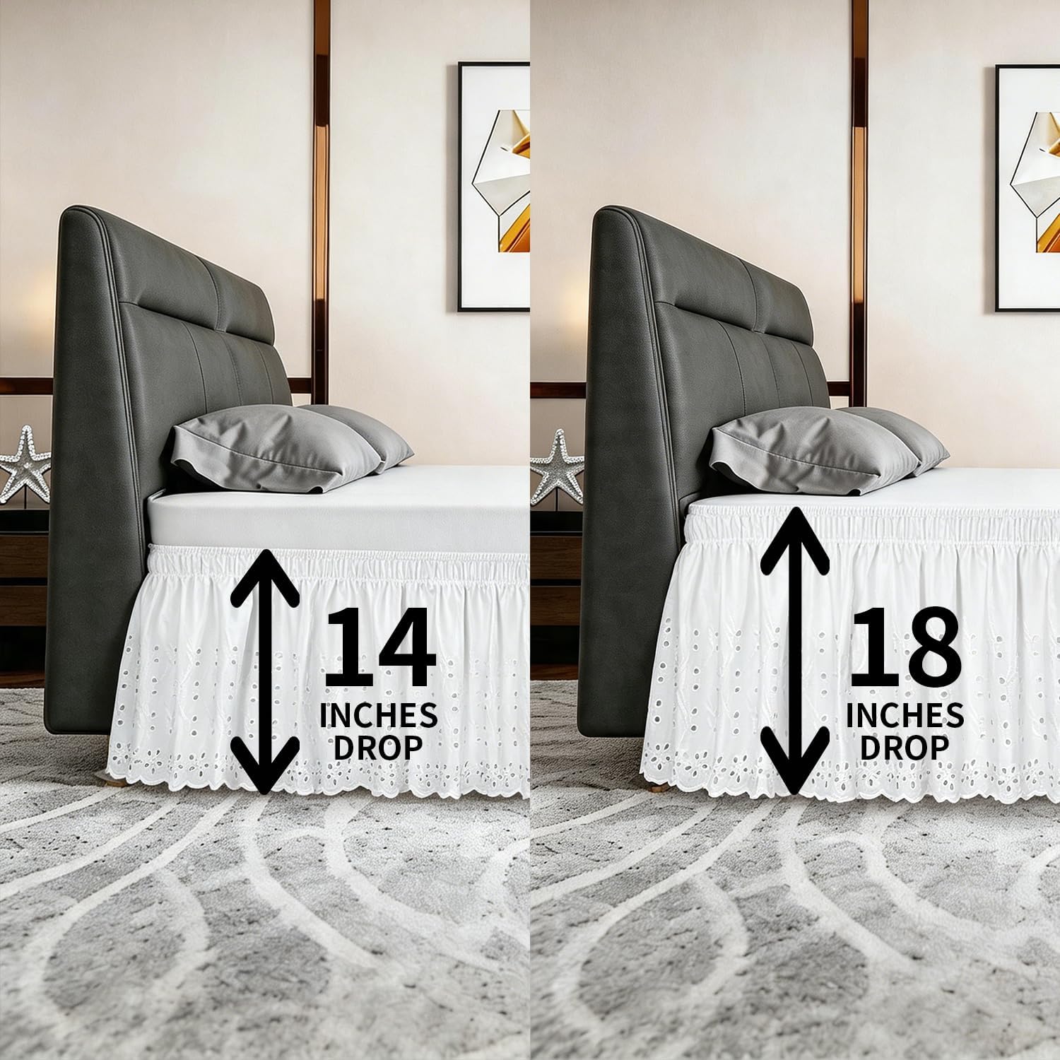ANARACHON Full Bed Skirt, Wrap-Around Elastic Ruffled Eyelet Bed Skirt Full Size Dust Ruffle with Gathered Styling and Embroidered Details, 18" Drop Length (White)