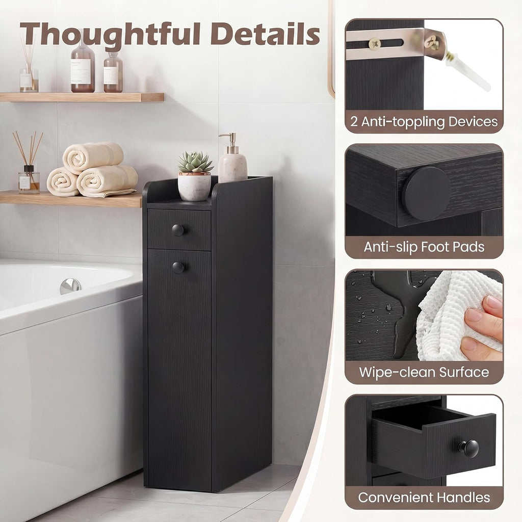 COSTWAY Slim Bathroom Cabinet, 7" Wide Space-Saving Storage with 2-Tier Slide-Out Drawer, Shelf & Toilet Paper Holder, Freestanding Narrow Organizer for Bathroom, Laundry & Small Spaces (Black)