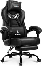 N-GEN GAMING Gaming Chair Big and Tall Computer Heavy Duty Office Desk Chair with Footrest Ergonomic Lumbar Support High Back Recliner for Adults (Dark Black)