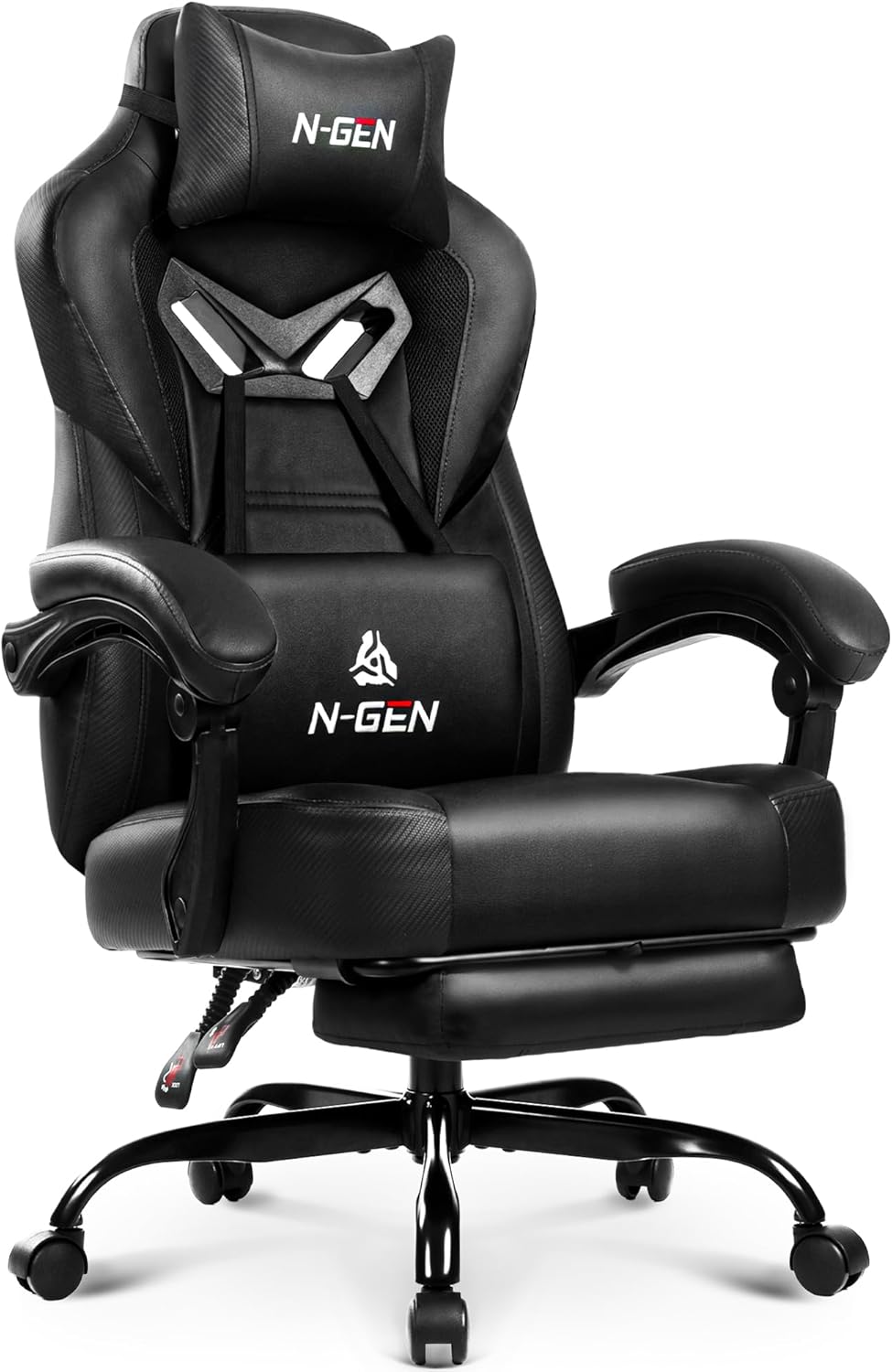 N-GEN GAMING Gaming Chair Big and Tall Computer Heavy Duty Office Desk Chair with Footrest Ergonomic Lumbar Support High Back Recliner for Adults (Dark Black)