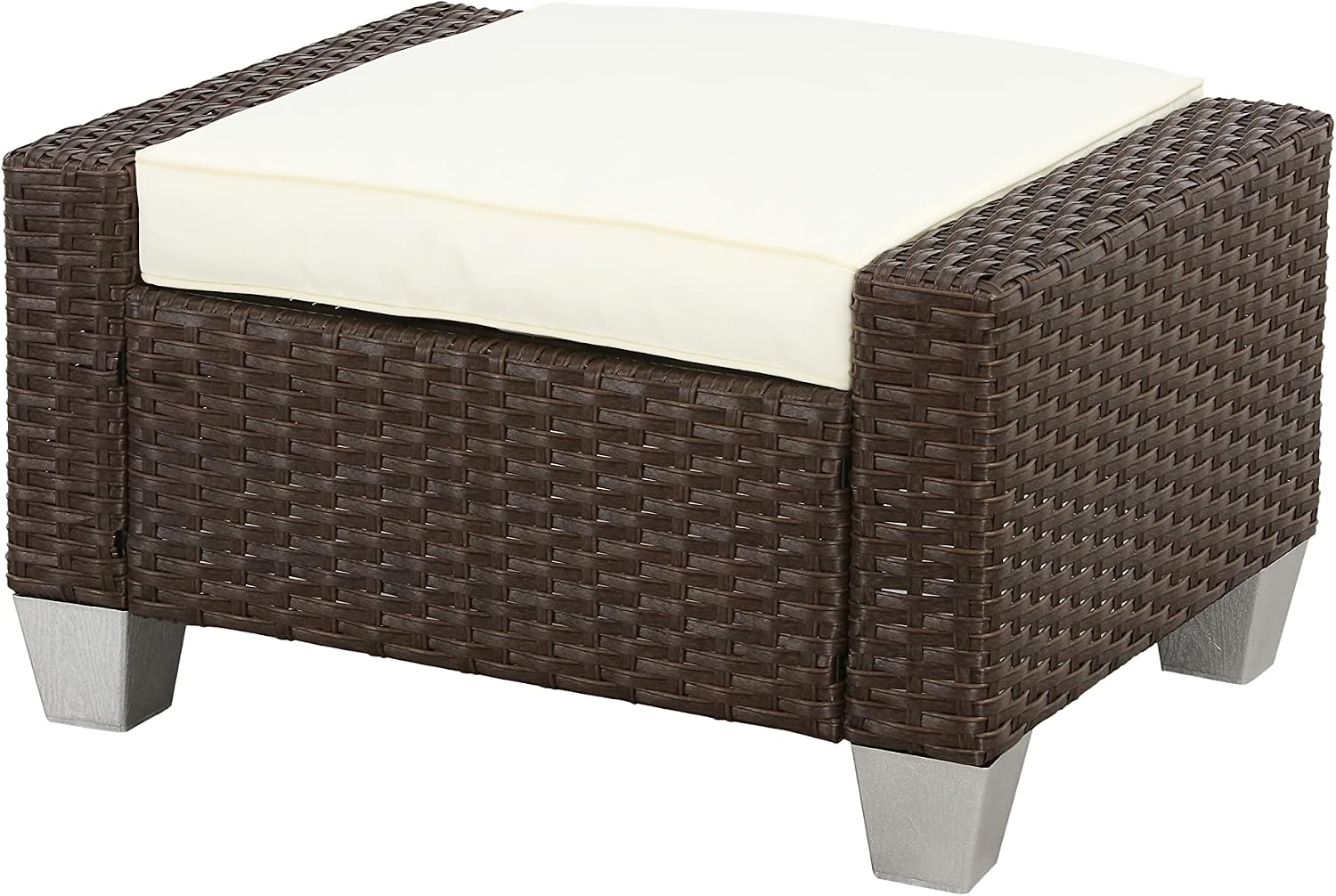 LOKATSE HOME Patio Wicker Ottoman Outdoor Footstool Rattan Small Seat Furniture with Soft Thick Cushion for Garden Yard Deck Poolside