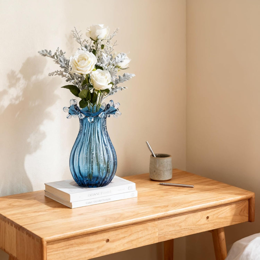 Hand Blown Glass vase, Unique Blue Glass vase, Modern Art Decor, Suitable for Living Room Coffee Tables, Wedding centerpieces, Dining Tables, and Office Centerpiece Floral Arrangements