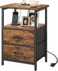 Fixwal Rustic Brown Night Stand with Charger Station, Nightstand with Charging Station & Fabric Drawers