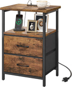 Fixwal Rustic Brown Night Stand with Charger Station, Nightstand with Charging Station & Fabric Drawers