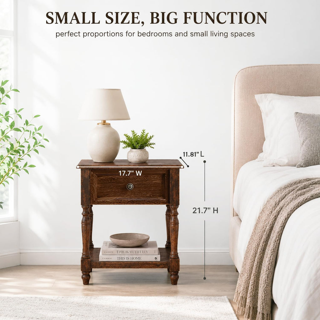 YUNMUARY-Solid Wood Nightstand,Entryway Table with Storage,Side Tables with Drawers,17.7" W x 21.7" H Small End Table Living Room,Farmhouse End Table for Bedroom,Fully Assembly.