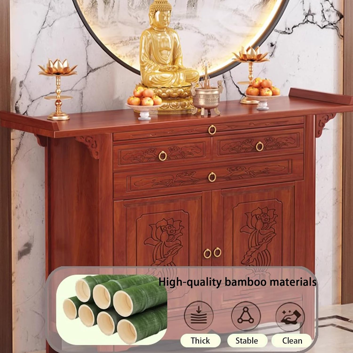 Large-Capacity Prayer Cabinet, Altar Table with Drawers, Solid Thickened Bamboo Board with Retro and Elegant Chinese carvings, Suitable for Entrance, Living Room, Bedroom 68cm