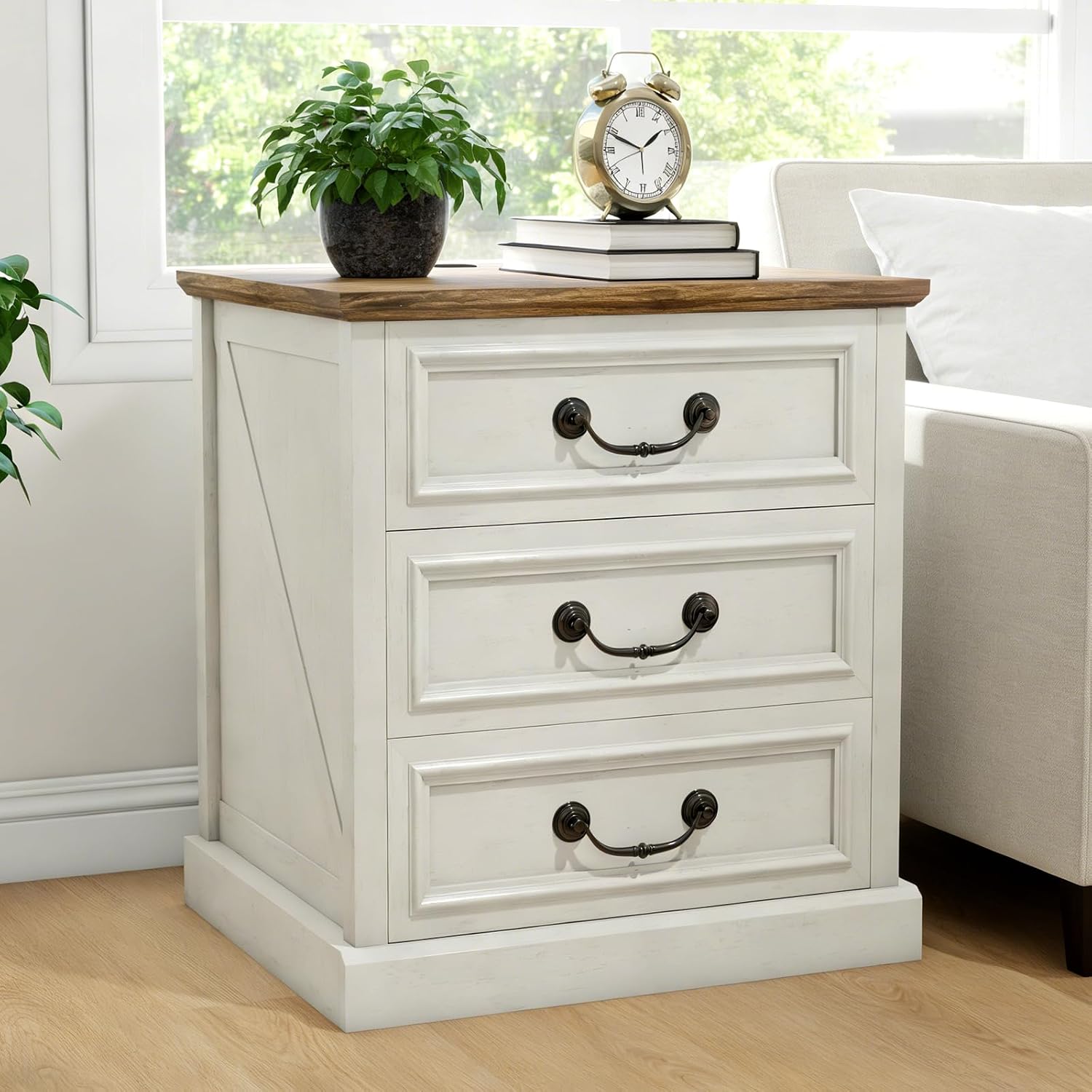 MUUEGM Night Stand with Charging Station Set of 2 Rustic White Bedside End Tables with 3 Large Storage Drawers & Vintage Handles Dresser Chest of Drawers for Bedroom, Living Room, Closet