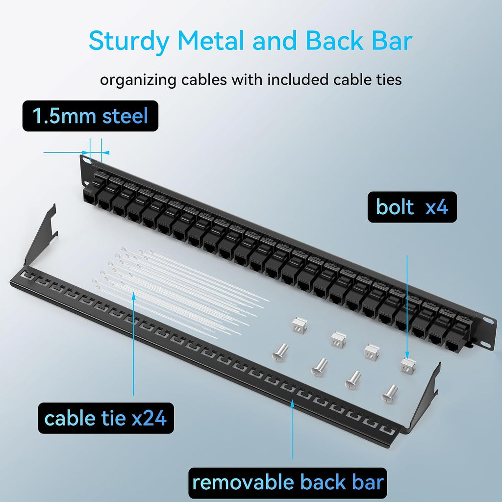 Sokqovt Patch Panel 24 Port Cat6 with Coupler Keystone, Cat6 Network Patch Panel 10G No Punch Down, Time-Saver Ethernet 1U Rj45 Panel with Sturdy Back Bar, 19 Inch Coupler Network Panel