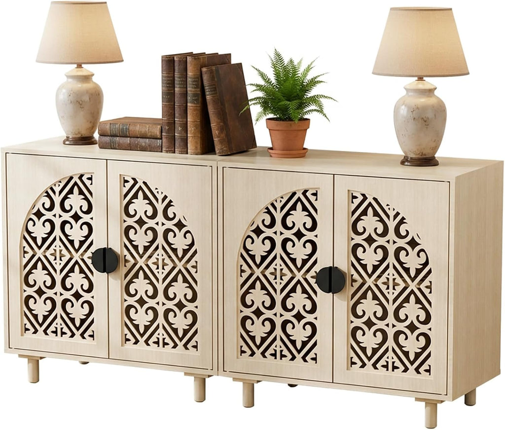 Set of 2 Sideboard Buffet Cabinet, Boho Storage Cabinet with Doors and Shelves, Curved Accent Cabinet with Hollow Door for Living Room, Kitchen, Hallway, Beige