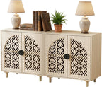 Set of 2 Sideboard Buffet Cabinet, Boho Storage Cabinet with Doors and Shelves, Curved Accent Cabinet with Hollow Door for Living Room, Kitchen, Hallway, Beige