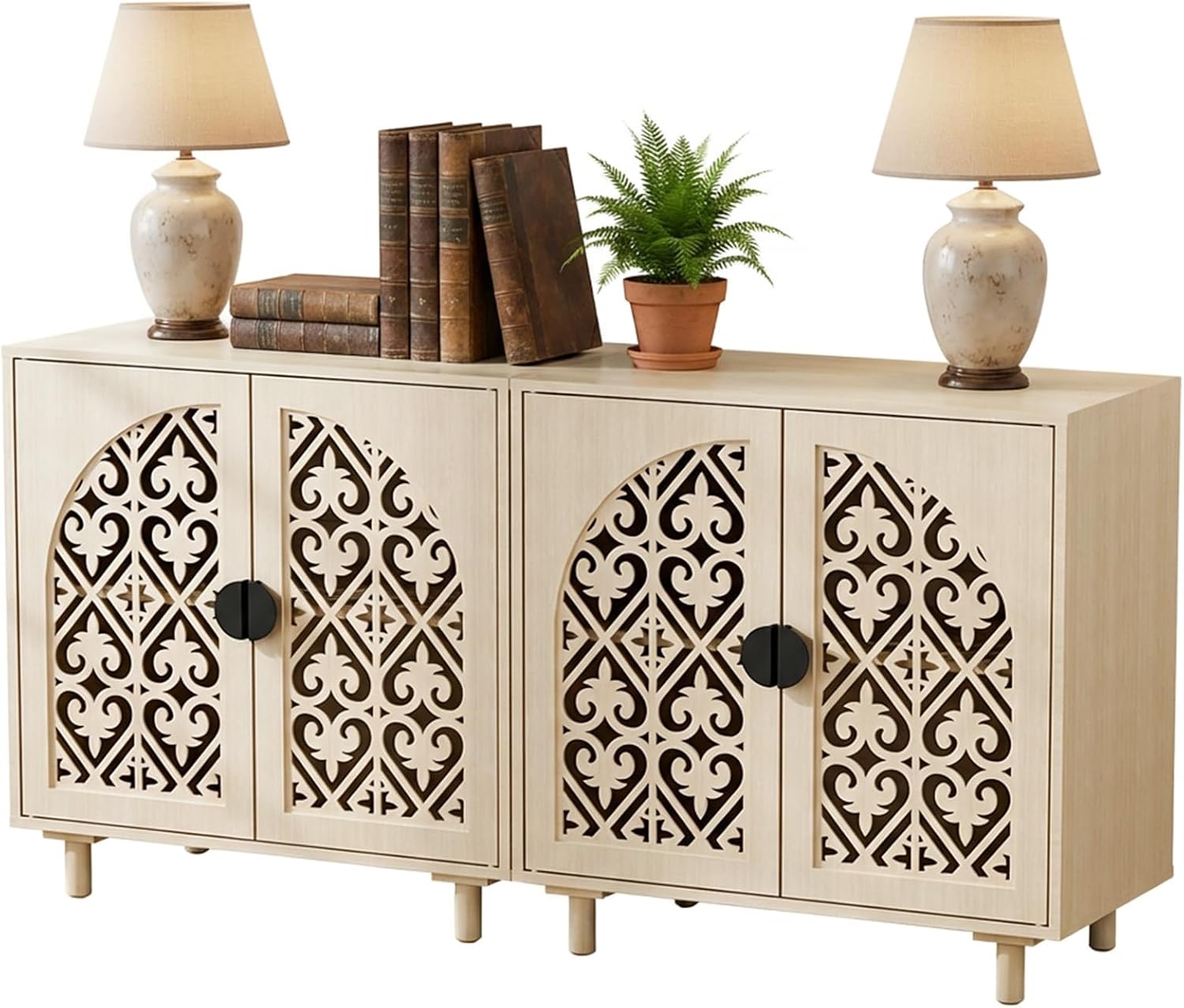 Set of 2 Sideboard Buffet Cabinet, Boho Storage Cabinet with Doors and Shelves, Curved Accent Cabinet with Hollow Door for Living Room, Kitchen, Hallway, Beige