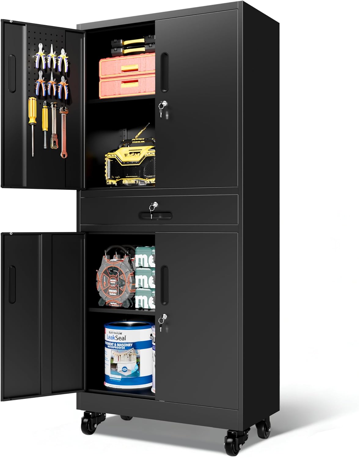 Rolling Tool Cabinet with Pegboard and Drawer, 71" Tool Cabinets with 2 Adjustable Shelves for Garage, Tool Room, Assembly Required(Black)