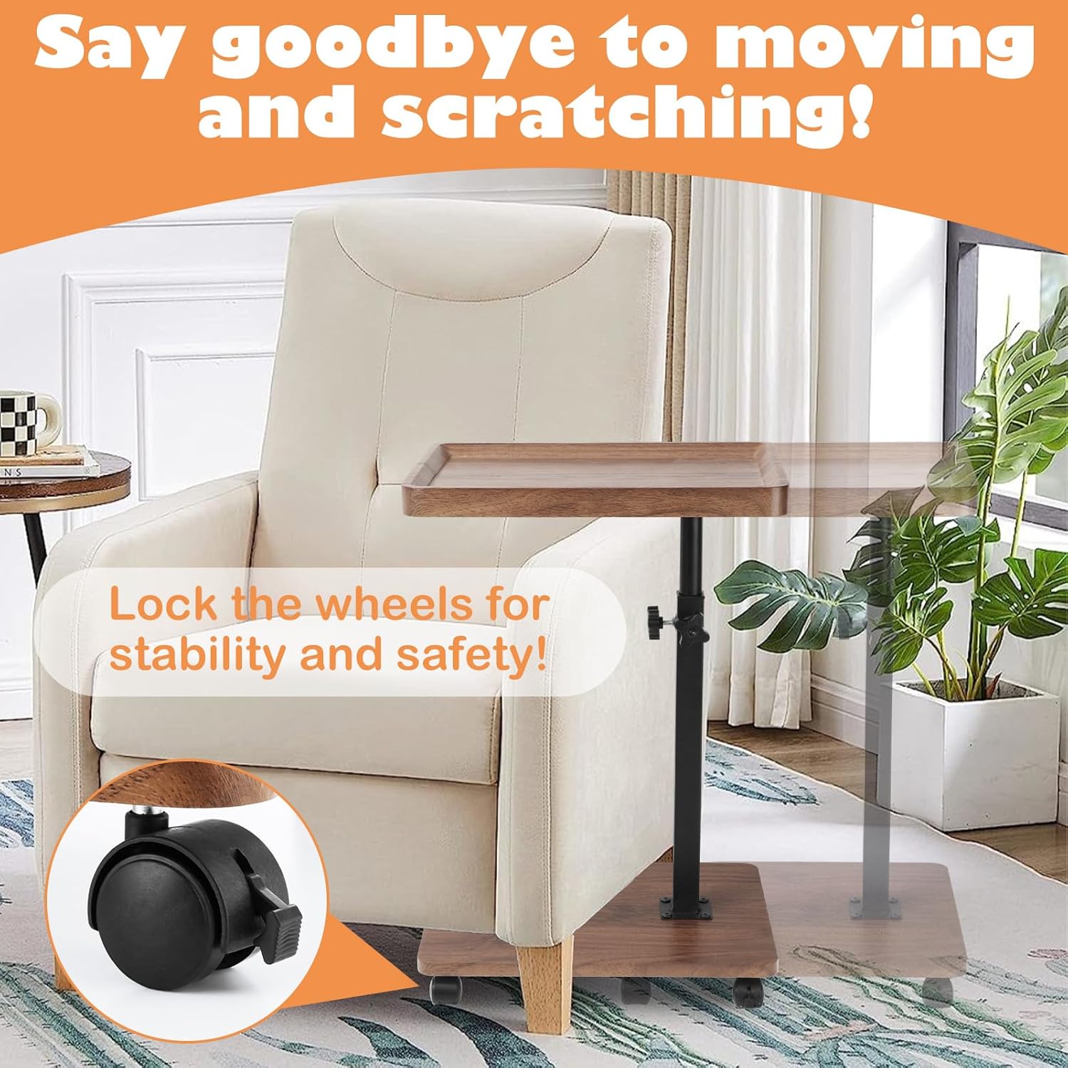 C Table End Table Adjustable Height, 360° Swivel Bed End Tables with Wheels, C Shaped Side Tables TV Tray Sofa Table for Small Spaces，Side Tables Living Room and Bedroom for Sofa, Bed,Chair