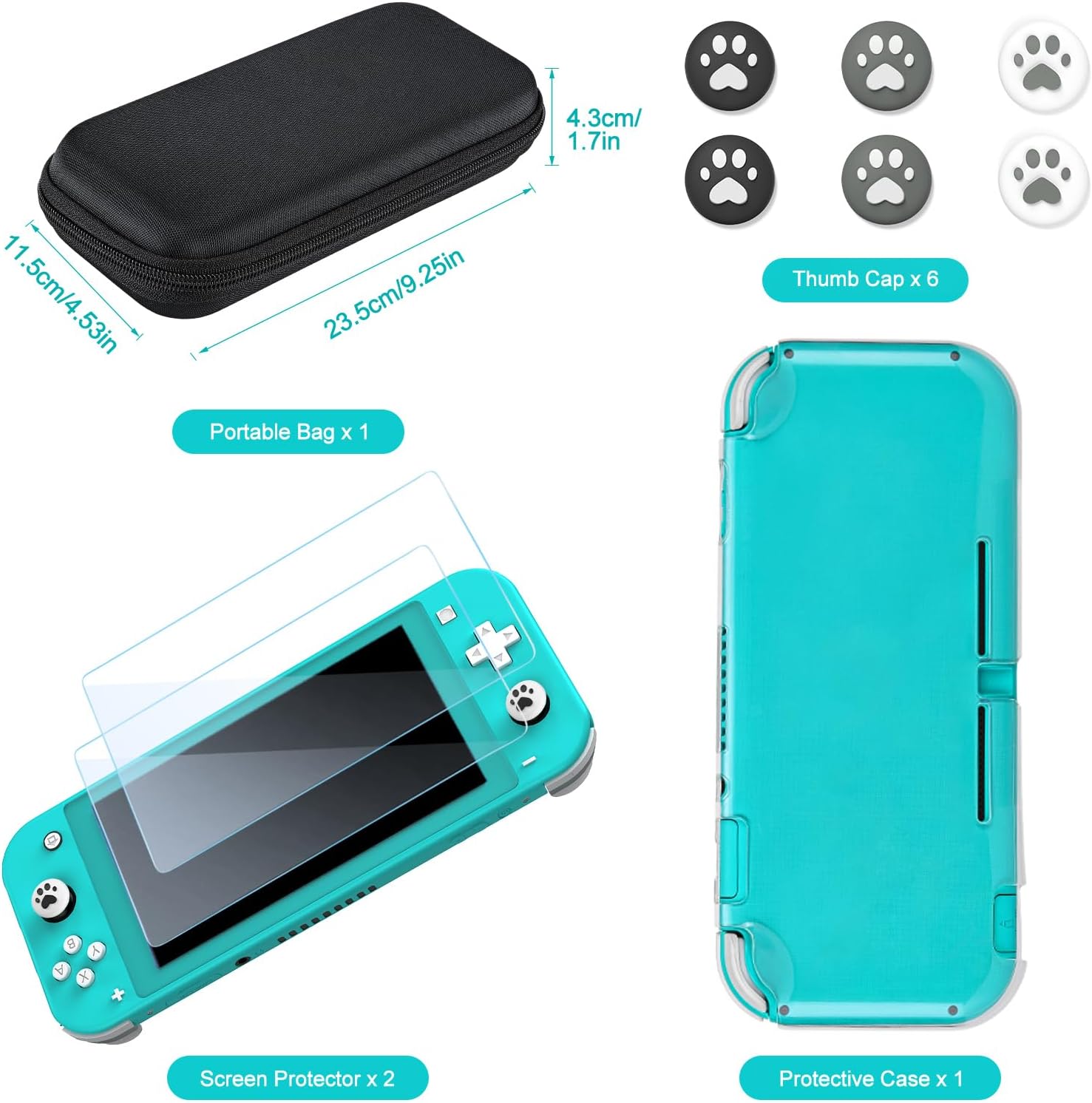 innoAura Switch Lite Case 12-in-1 Accessories Bundle for NS Switch Lite (2019), with Protective Carrying Case, Hand Strap, Screen Protector & Cute Thumb Grips, Black