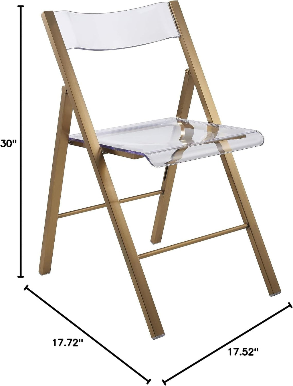 LeisureMod Transparent Acrylic Folding Chair, Iron Chrome Base, Comfortable Seat & Backrest, Clear Desk Chair, No Assembly Needed in Brushed Gold