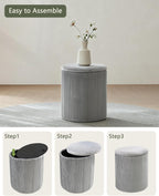 LITZFUR Round Ottoman with Storage,Velvet Upholstered Vanity Stool & Folding Foot Rest,Coffee Table for Living Room,Bedroom,Gray