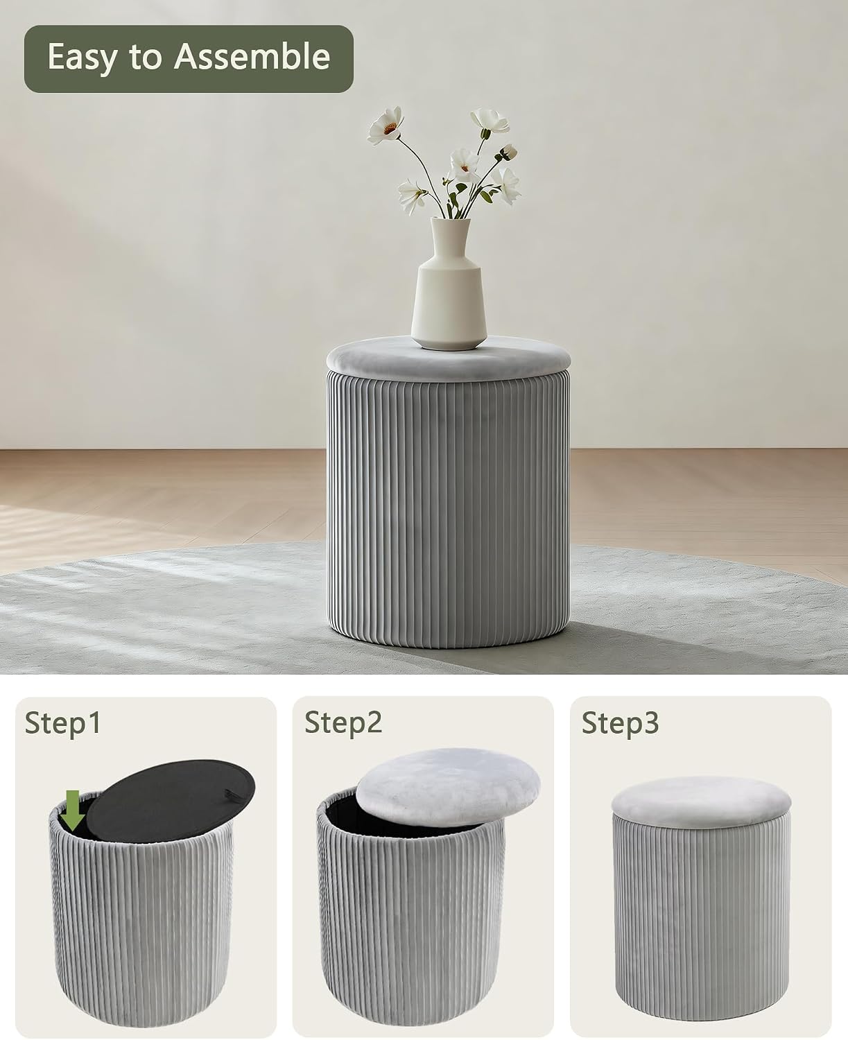 LITZFUR Round Ottoman with Storage,Velvet Upholstered Vanity Stool & Folding Foot Rest,Coffee Table for Living Room,Bedroom,Gray