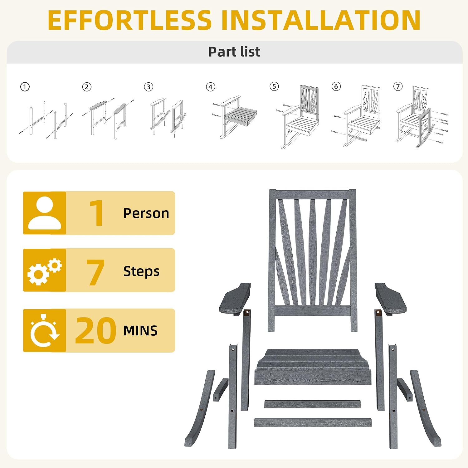 DWVO Outdoor Rocking Chair, Patio Rocker with Windsor Backrest & Wide Armrests, HDPE Patio Chair, 30° Rocking Motion, Outdoor Rocker for Porch, Balcony, Garden Seating, Gray