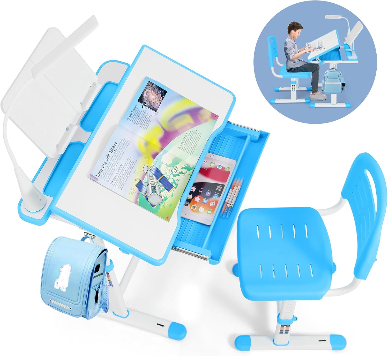 Artist hand Kids Desk and Chair Set, Ergonomic Height Adjustable Kids Desk with Tiltable Desktop, LED Light & Pull-Out Drawer, Kids Drawing Table Study Desk for Kids 3-12 Boys Girls, Blue